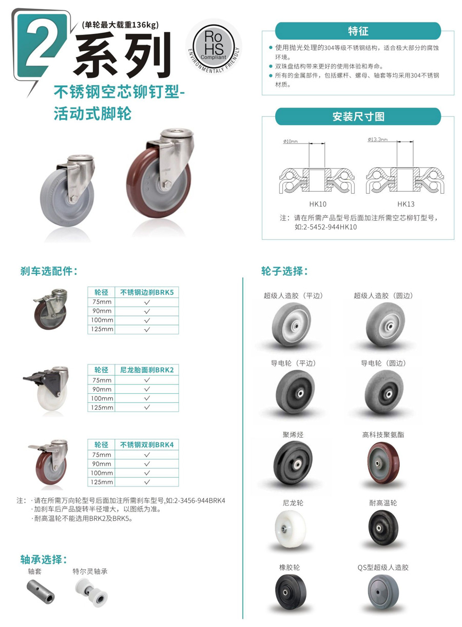 不锈钢空芯铆钉型活动式脚轮