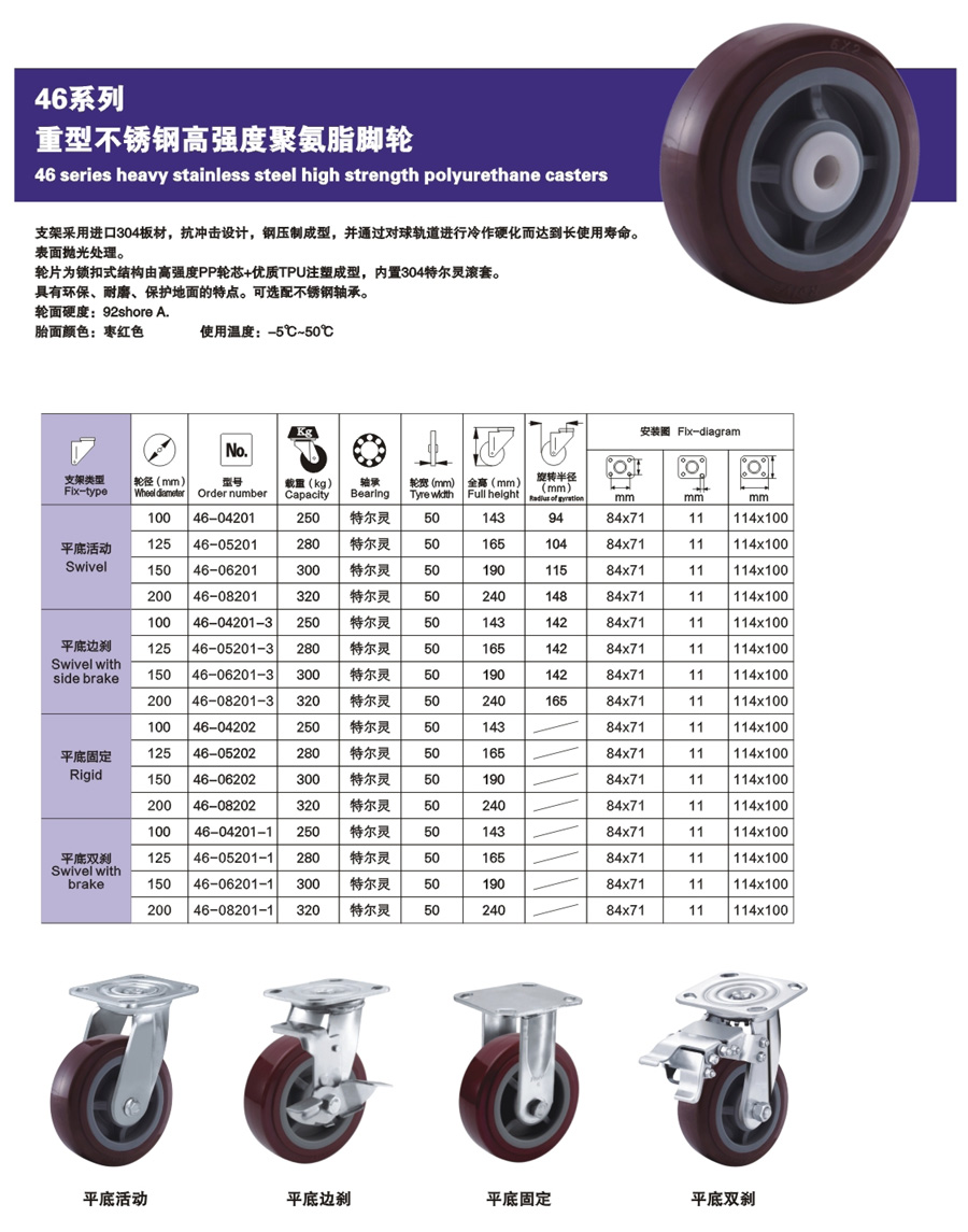 重型不锈钢高强度聚氨酯脚轮