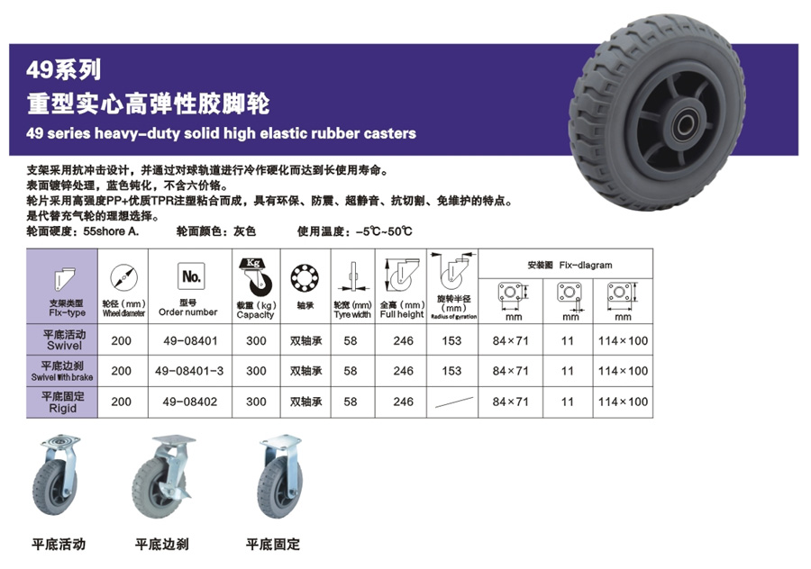 重型实心高弹性胶脚轮