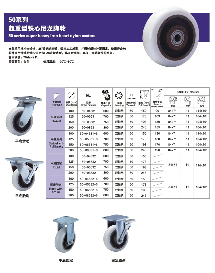 超重型铁芯尼龙脚轮